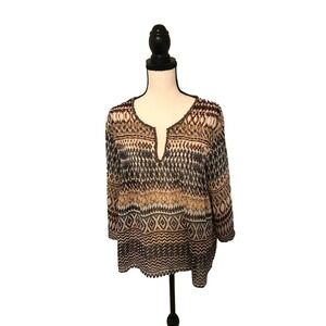 Ariat Aztec Print Sheer V-Neck Blouse with Beaded Neckline - Size Large
